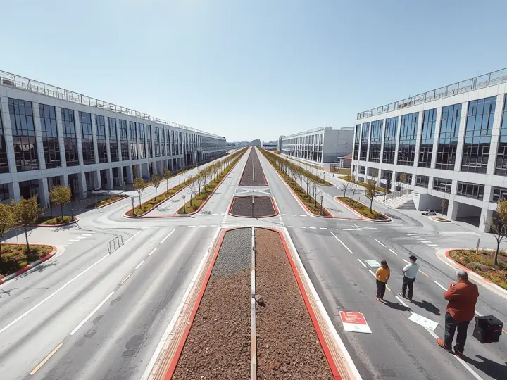 新建科技园区全景，道路和建筑尚无导视标识