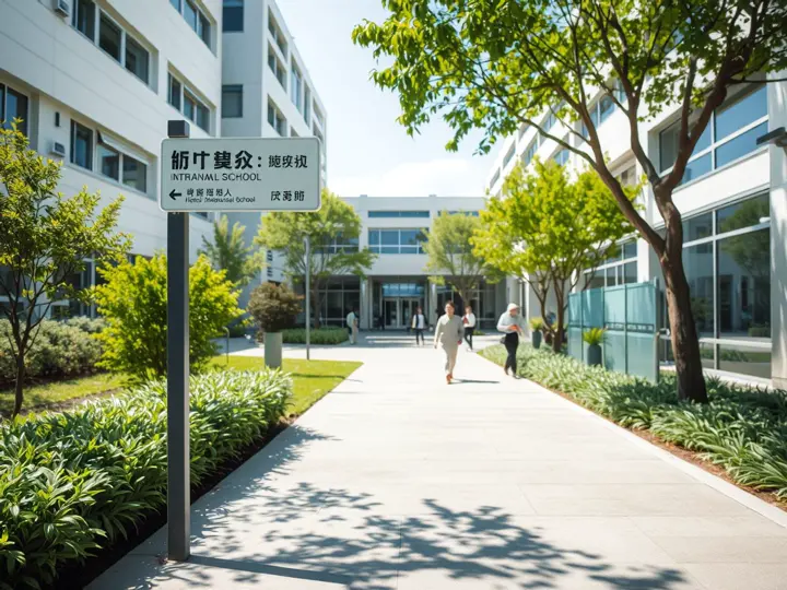 国际学校校园入口，远处可见双语导视牌