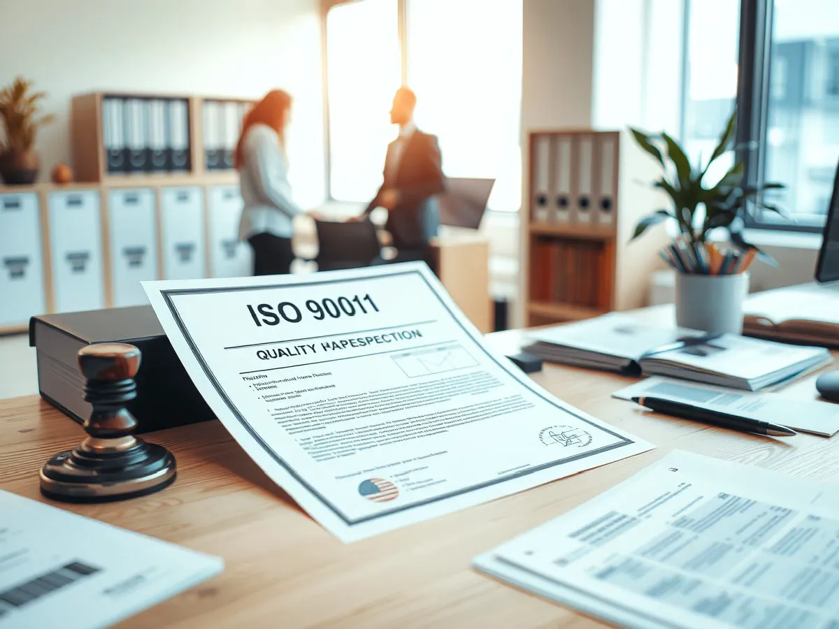 ISO 9001质量管理体系认证证书与办公场景