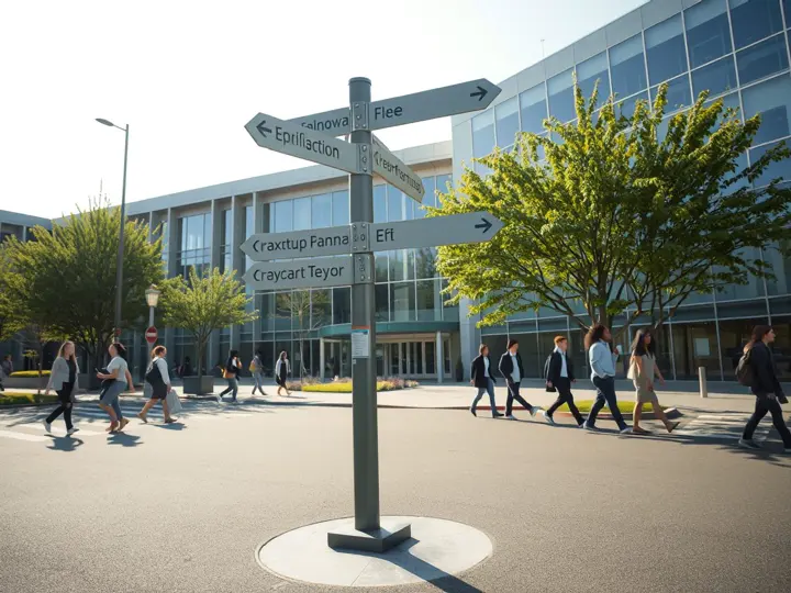 校园路口立地式指引牌，学生按指示方向行走